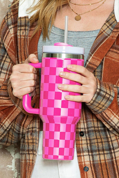 Black Checkered Print Handled Stainless Steel Tumbler Cup - Vesteeto