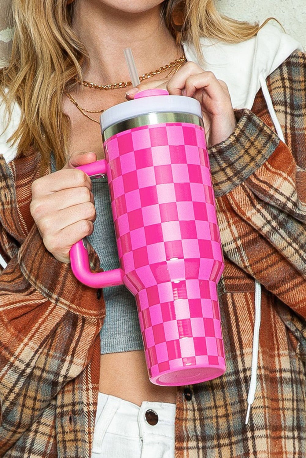 Black Checkered Print Handled Stainless Steel Tumbler Cup - Vesteeto