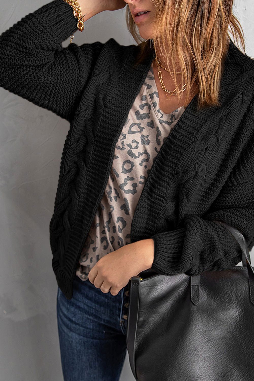 Black Chunky Wide Long Sleeve Knit Cardigan - Vesteeto