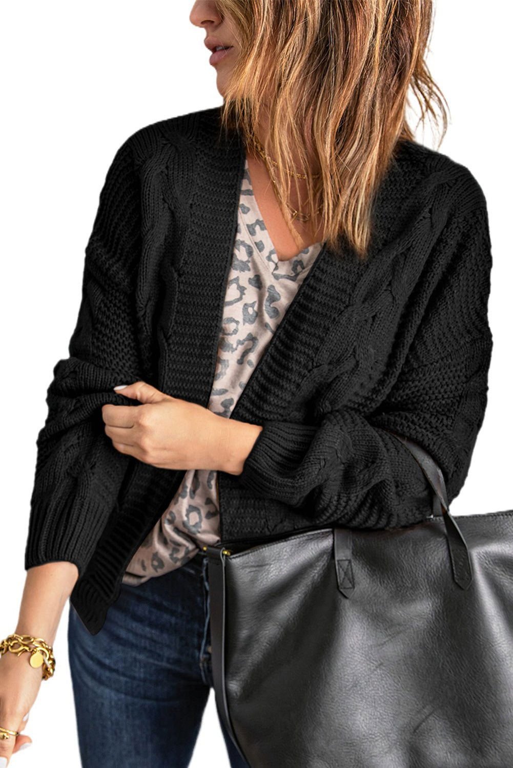 Black Chunky Wide Long Sleeve Knit Cardigan - Vesteeto