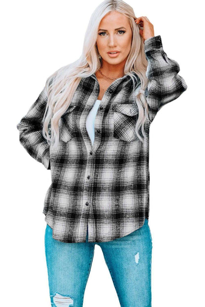 Black Collared Plaid Shacket - Stylish & Comfortable Outerwear - Vesteeto