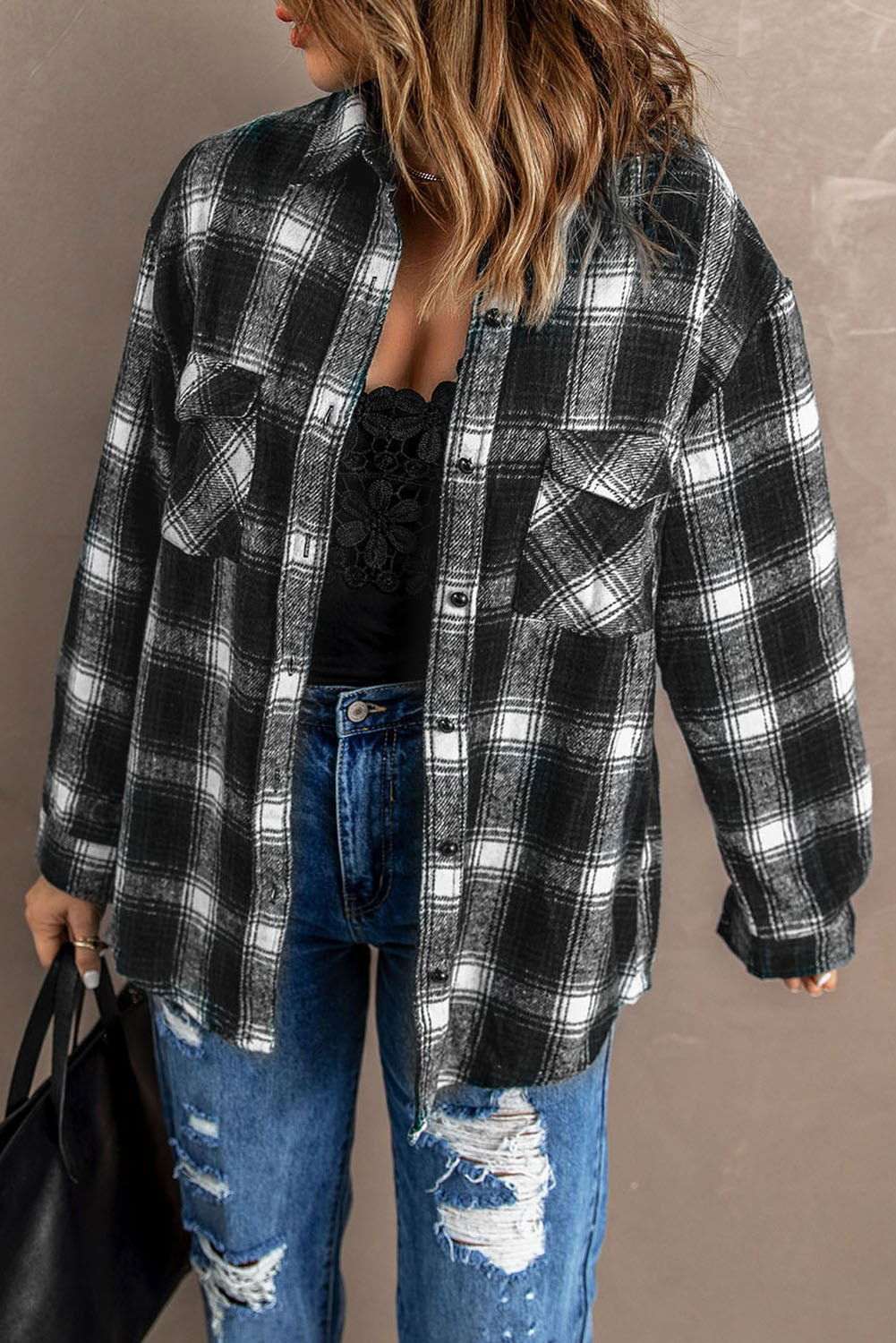 Black Collared Plaid Shacket - Stylish & Comfortable Outerwear - Vesteeto