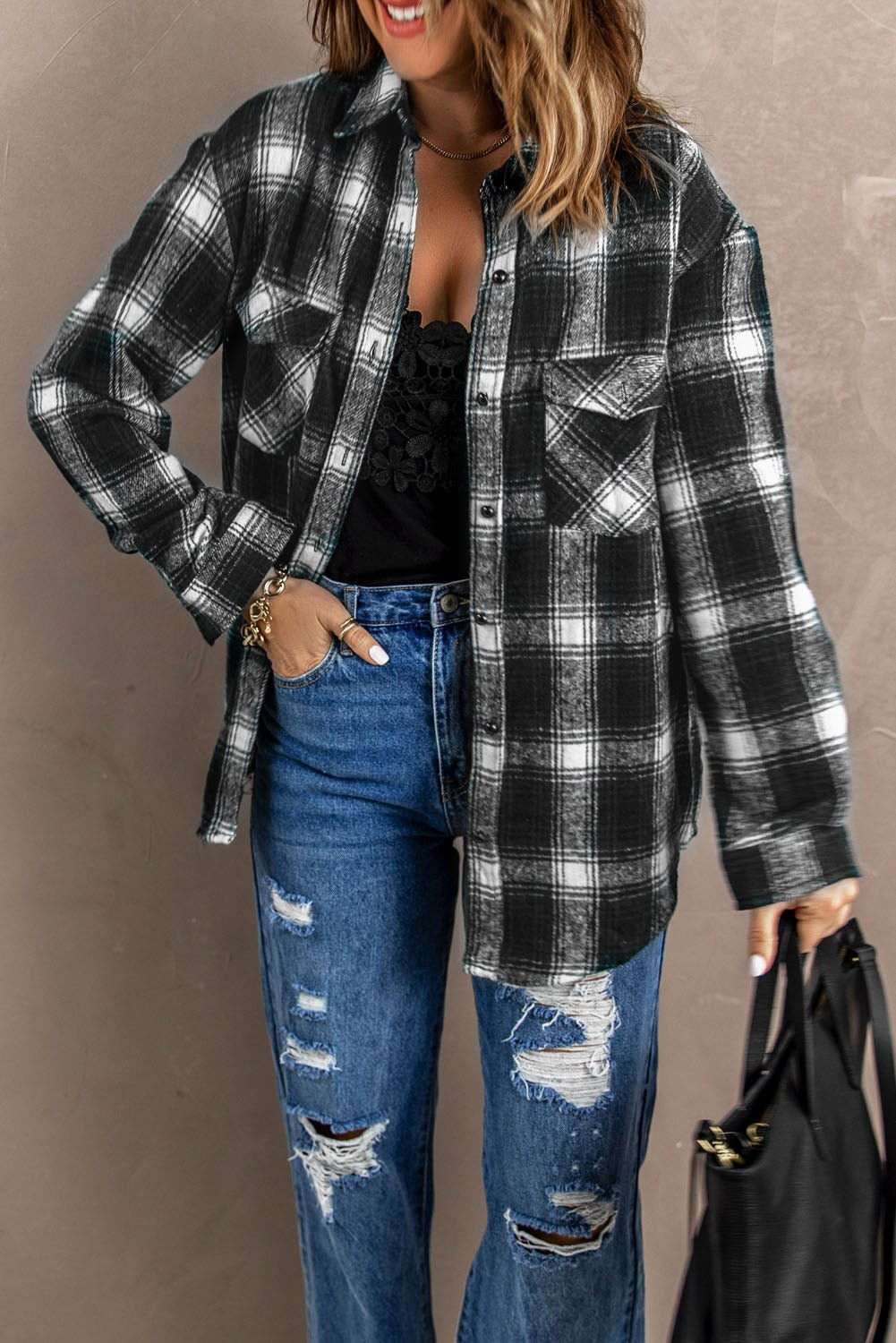 Black Collared Plaid Shacket - Stylish & Comfortable Outerwear - Vesteeto