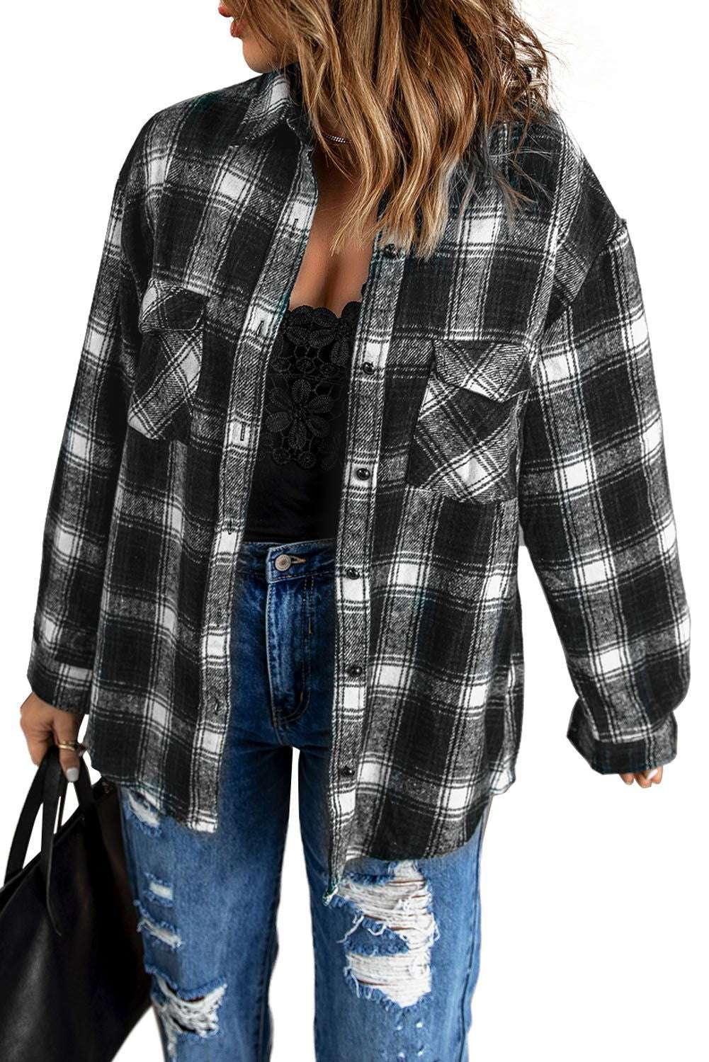 Black Collared Plaid Shacket - Stylish & Comfortable Outerwear - Vesteeto