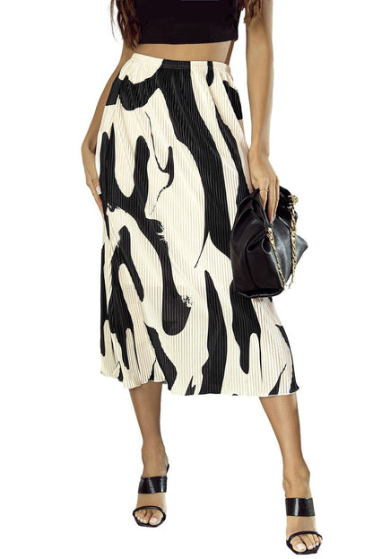 Black Colorblock Abstract Print Pleated Midi Skirt - Vesteeto