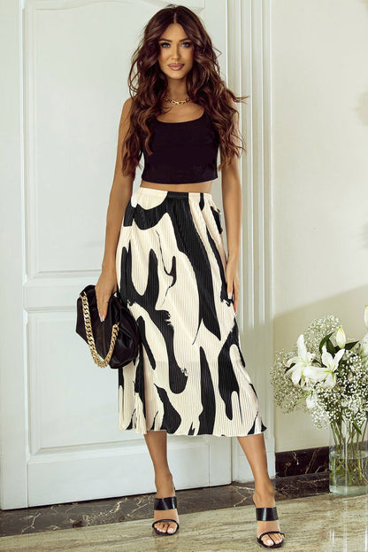 Black Colorblock Abstract Print Pleated Midi Skirt - Vesteeto