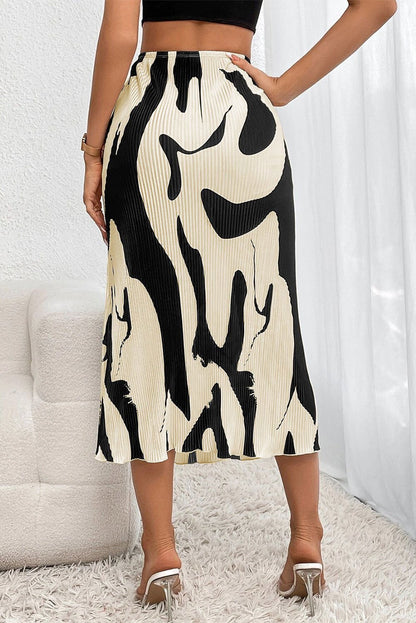 Black Colorblock Abstract Print Pleated Midi Skirt - Vesteeto