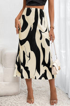 Black Colorblock Abstract Print Pleated Midi Skirt - Vesteeto