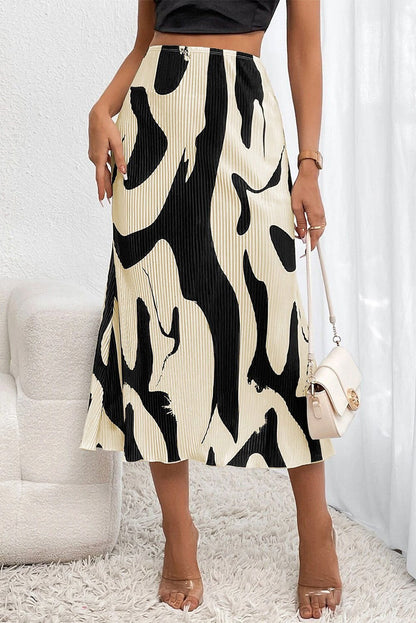 Black Colorblock Abstract Print Pleated Midi Skirt - Vesteeto