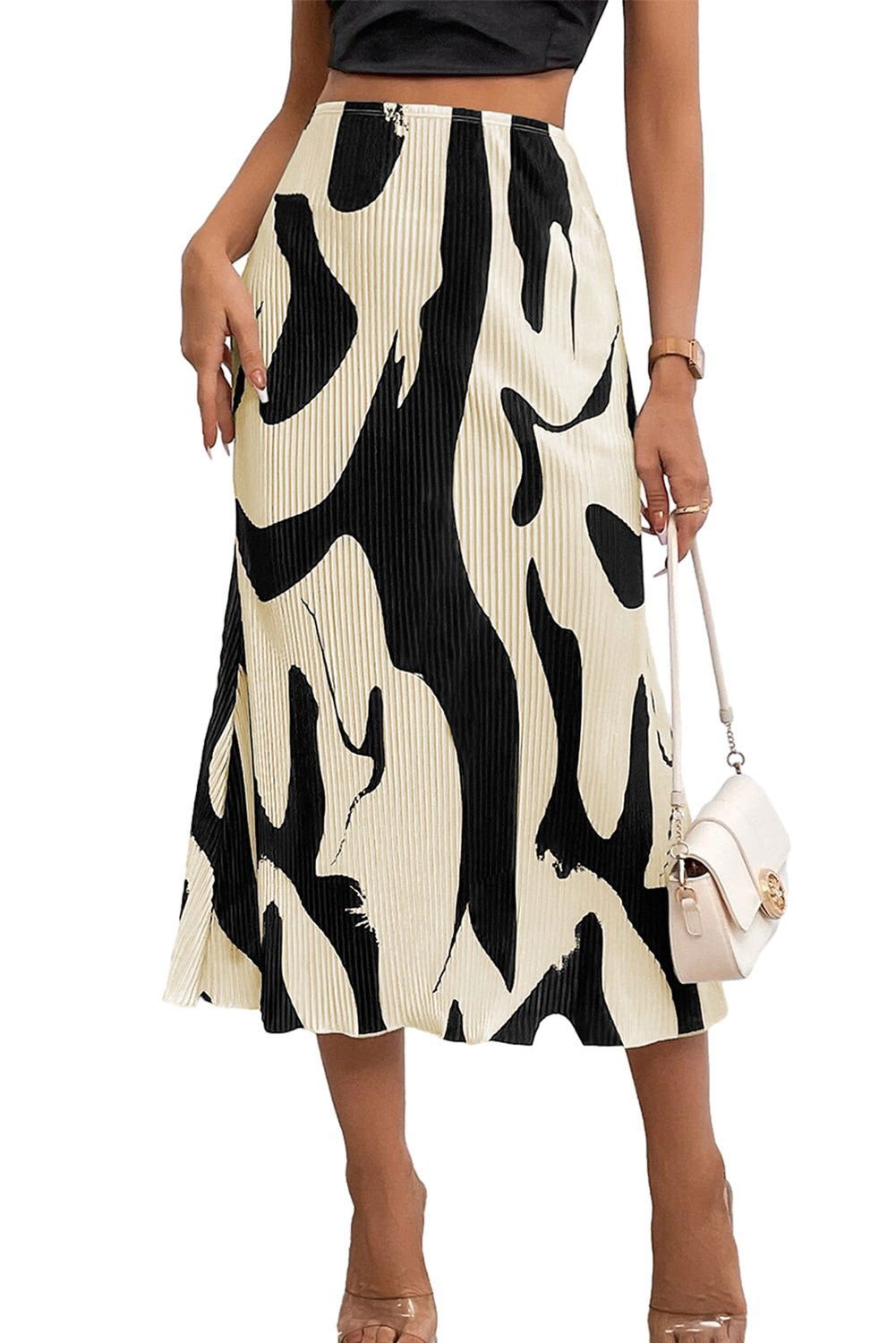 Black Colorblock Abstract Print Pleated Midi Skirt - Vesteeto