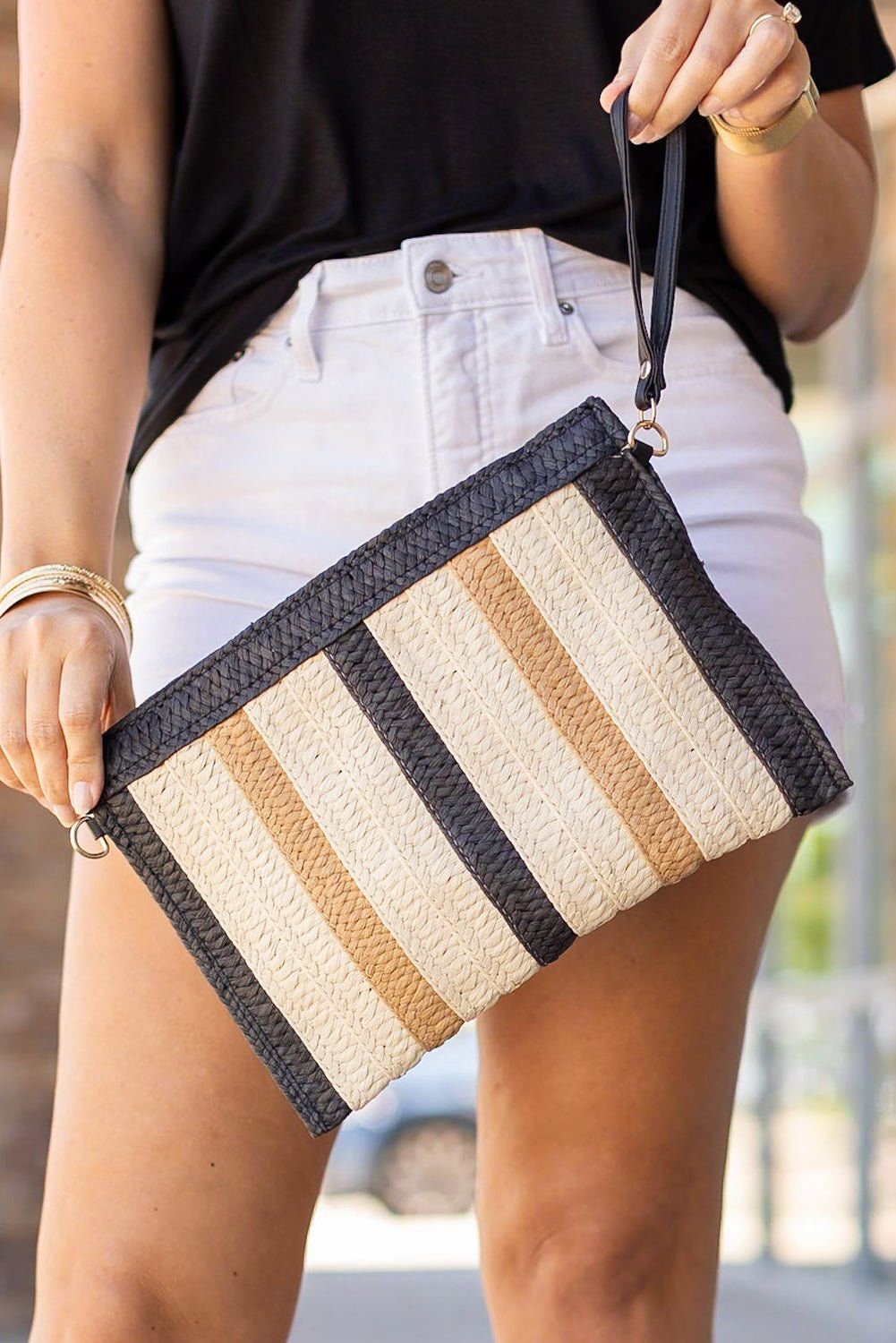 Black Contrast Color Striped Straw Woven Bag - Vesteeto