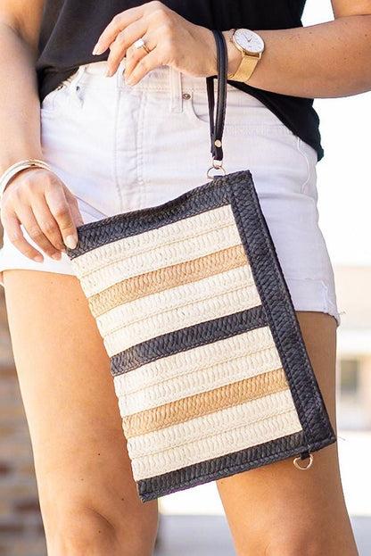 Black Contrast Color Striped Straw Woven Bag - Vesteeto