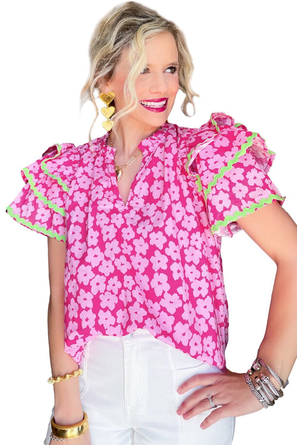 Black Contrast Ric Rac Layered Ruffle Sleeve Floral Blouse - Vesteeto