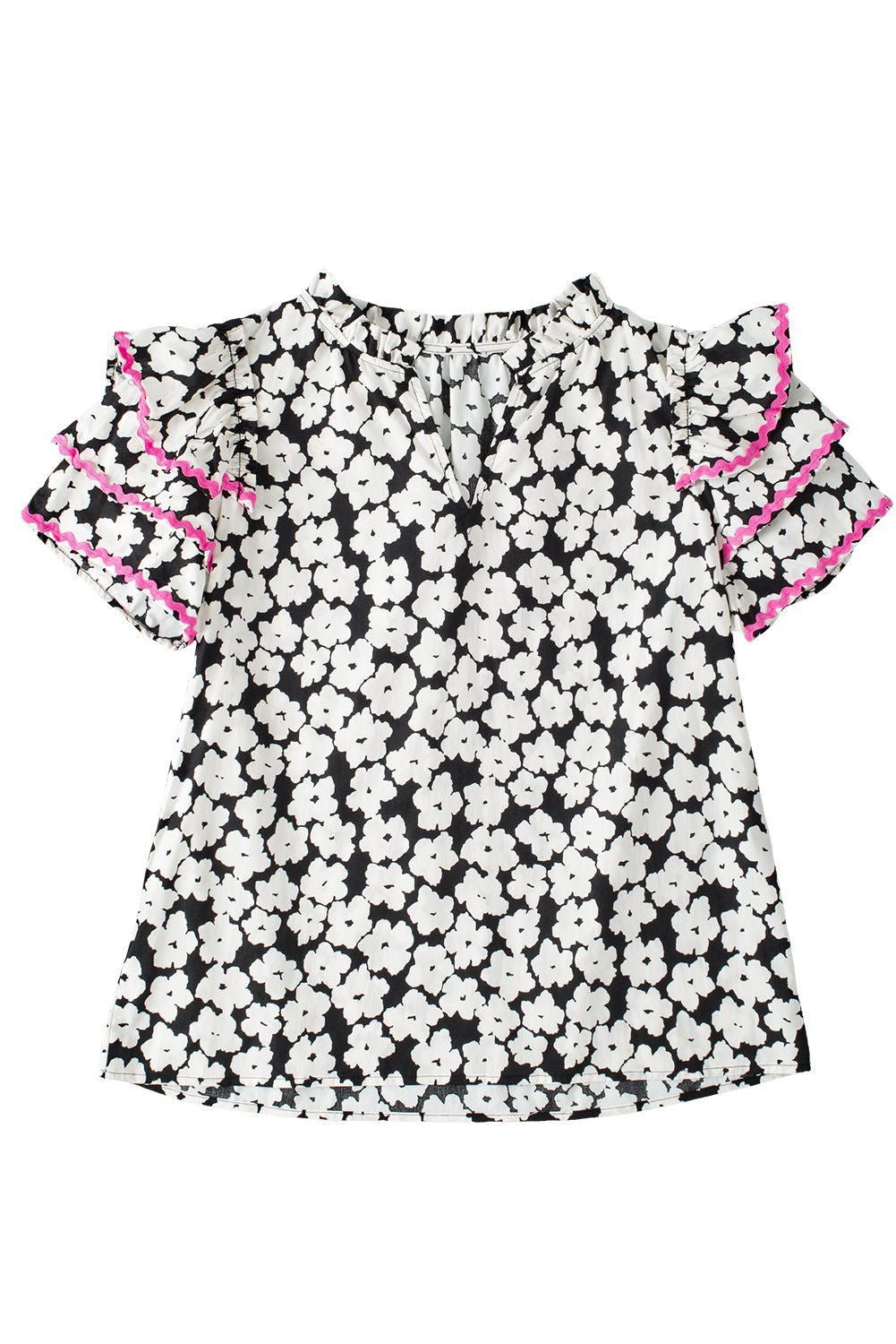 Black Contrast Ric Rac Layered Ruffle Sleeve Floral Blouse - Vesteeto