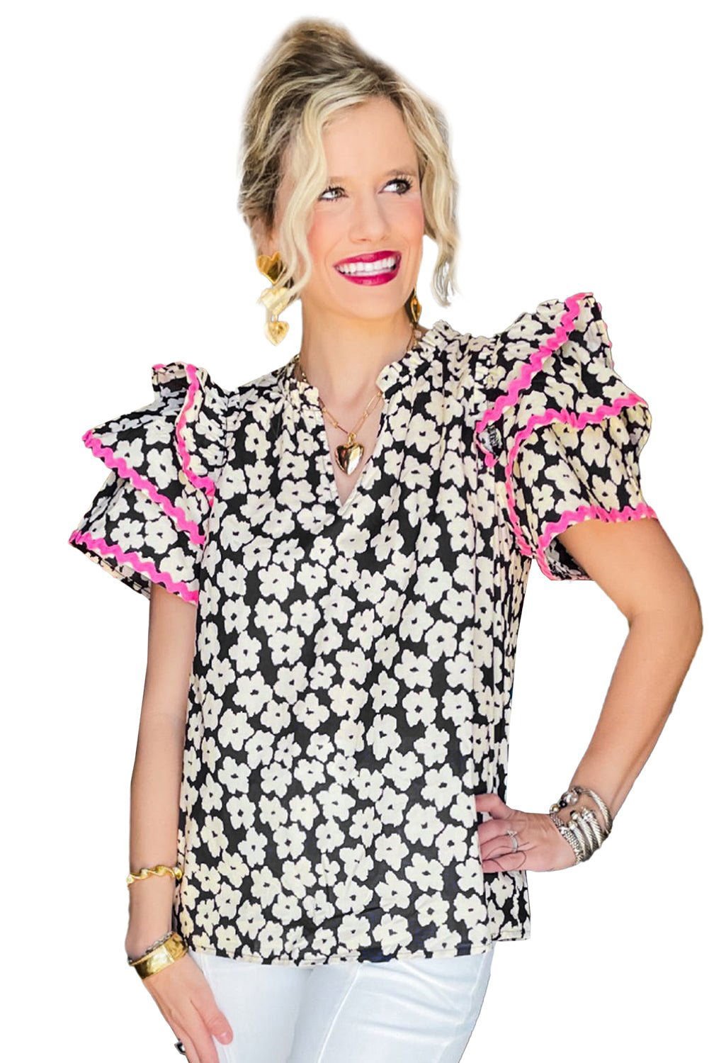 Black Contrast Ric Rac Layered Ruffle Sleeve Floral Blouse - Vesteeto