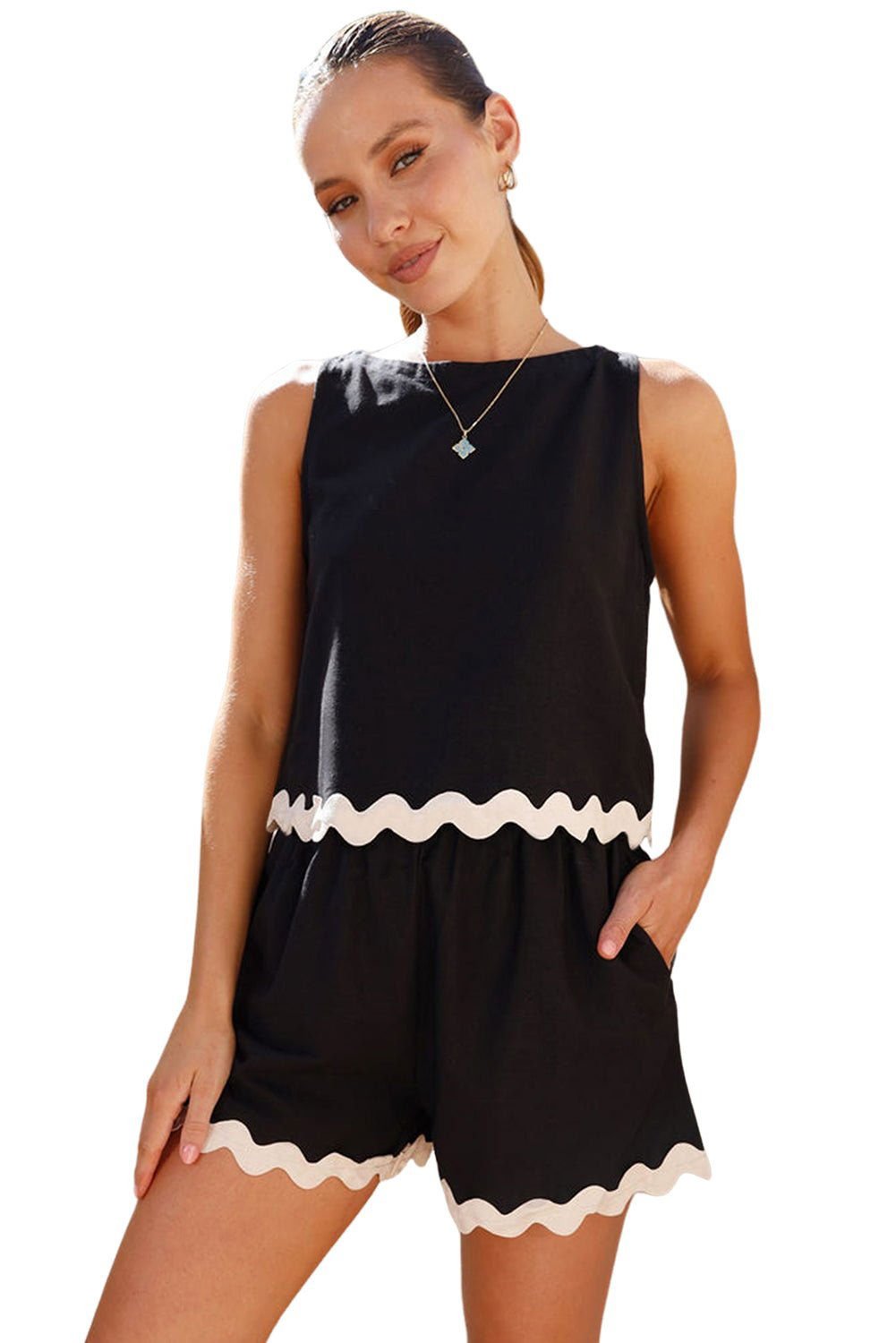 Black Contrast Trim Sleeveless Top and Elastic Waist Shorts Set - Vesteeto