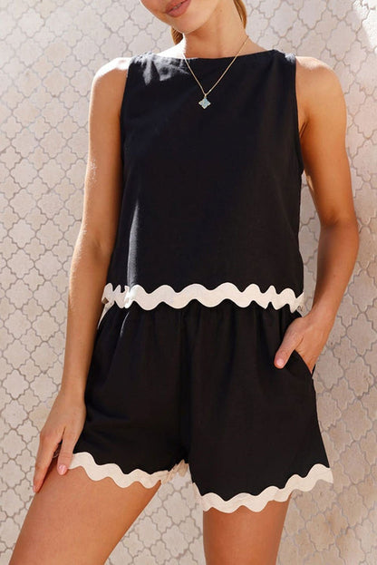 Black Contrast Trim Sleeveless Top and Elastic Waist Shorts Set - Vesteeto