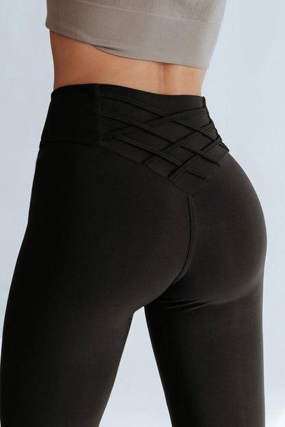 Black Criss Cross Tummy Control High Waisted Leggings - Vesteeto