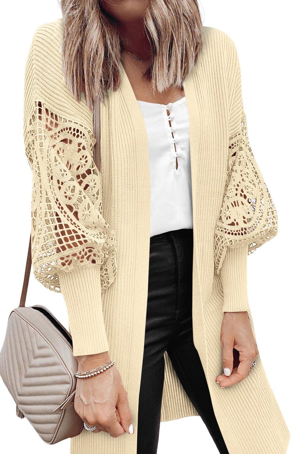 Black Crochet Lace Sleeve Ribbed Knit Cardigan - Vesteeto