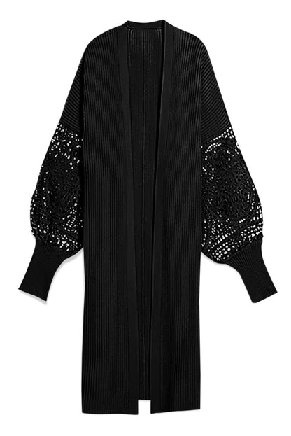 Black Crochet Lace Sleeve Ribbed Knit Cardigan - Vesteeto