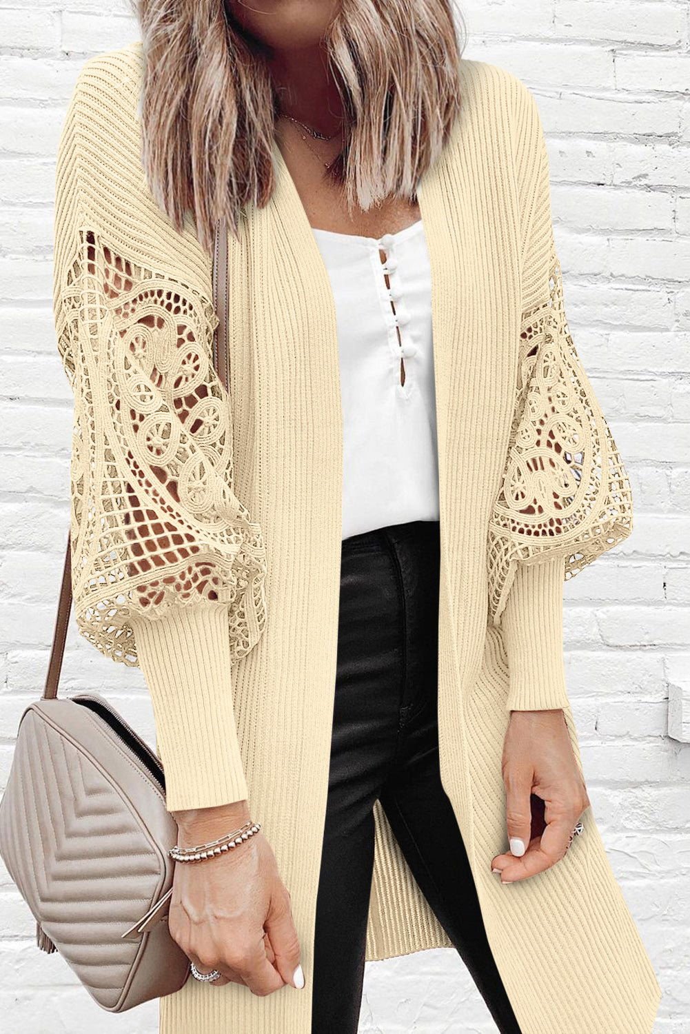 Black Crochet Lace Sleeve Ribbed Knit Cardigan - Vesteeto