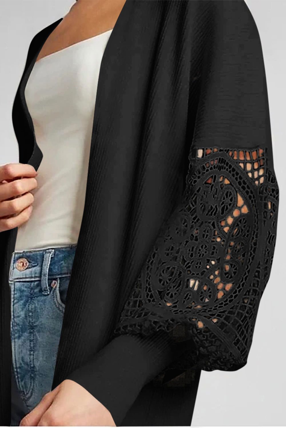 Black Crochet Lace Sleeve Ribbed Knit Cardigan - Vesteeto