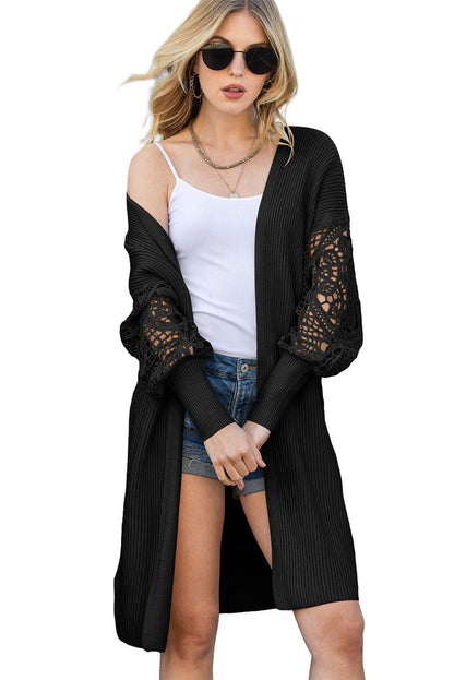 Black Crochet Lace Sleeve Ribbed Knit Cardigan - Vesteeto