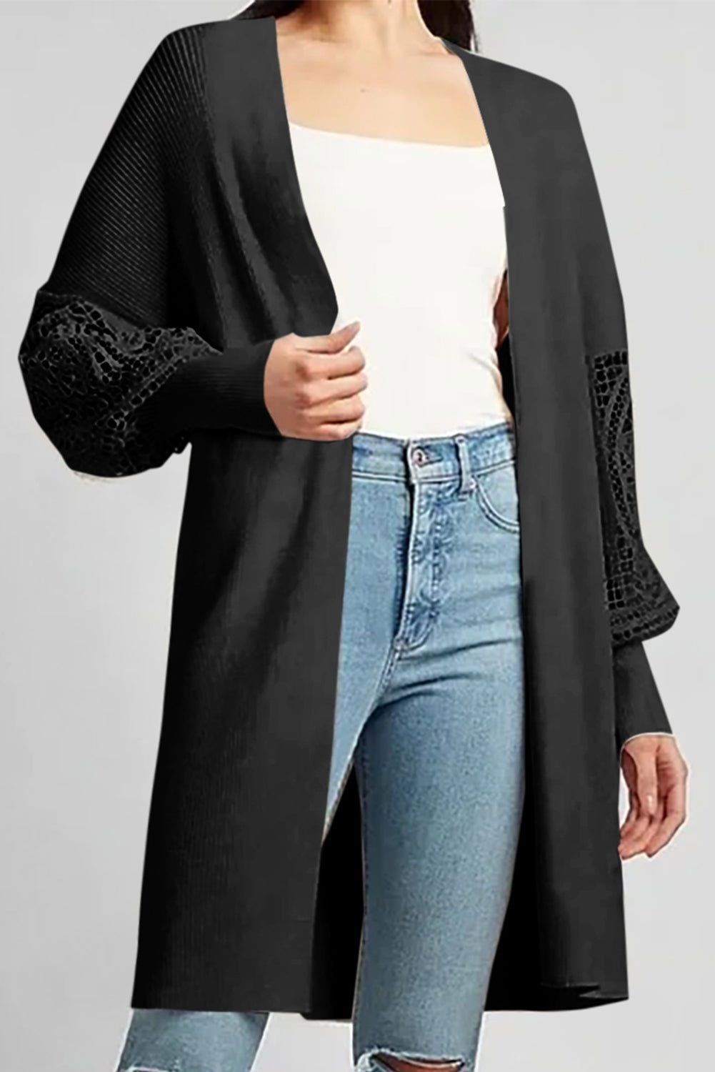 Black Crochet Lace Sleeve Ribbed Knit Cardigan - Vesteeto