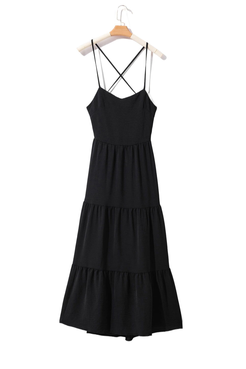 Black Crossover Backless Bodice Tiered Maxi Dress - Vesteeto