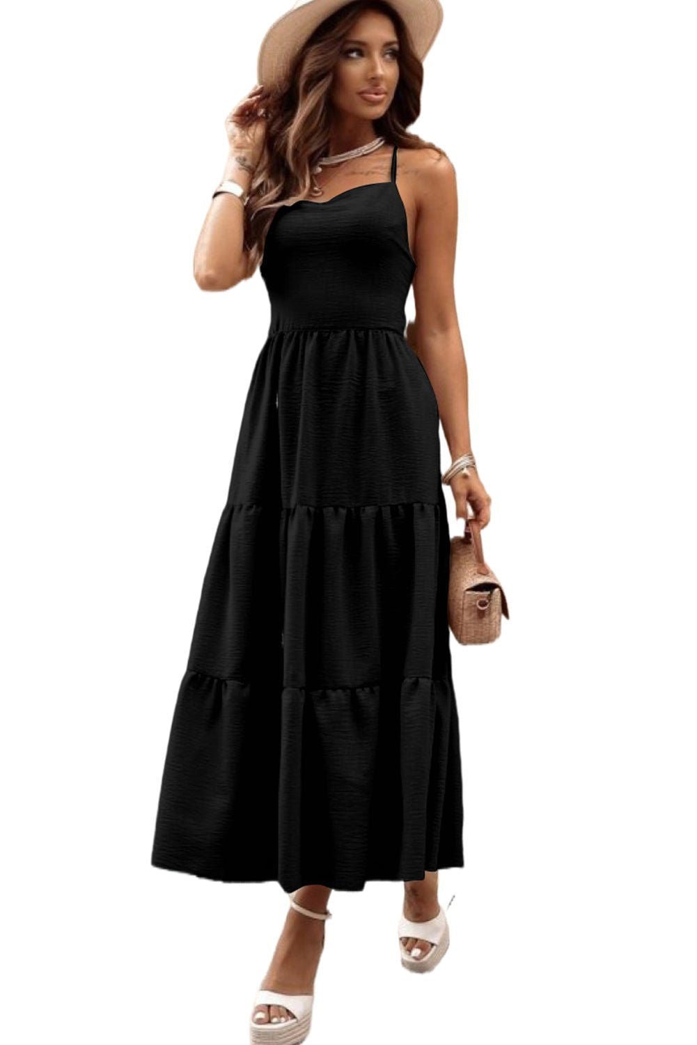 Black Crossover Backless Bodice Tiered Maxi Dress - Vesteeto