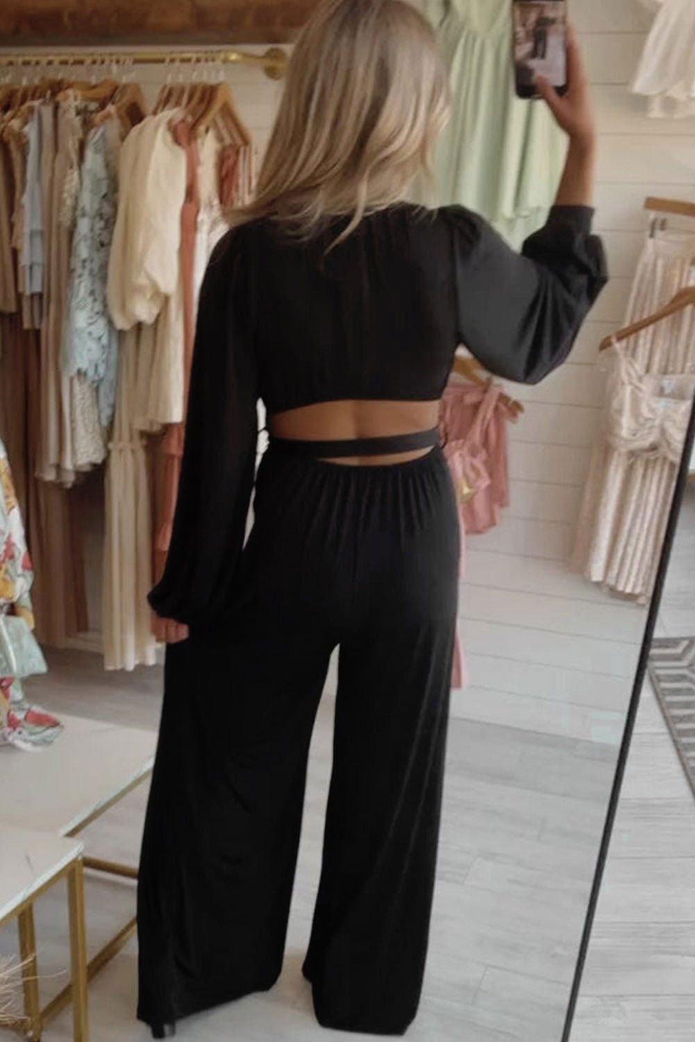 Black Cutout Back Deep V Belted Wide Leg Jumpsuit - Vesteeto