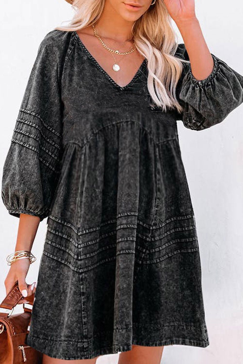 Black Dark Wash Empire Waist V Neck Denim Dress - Vesteeto