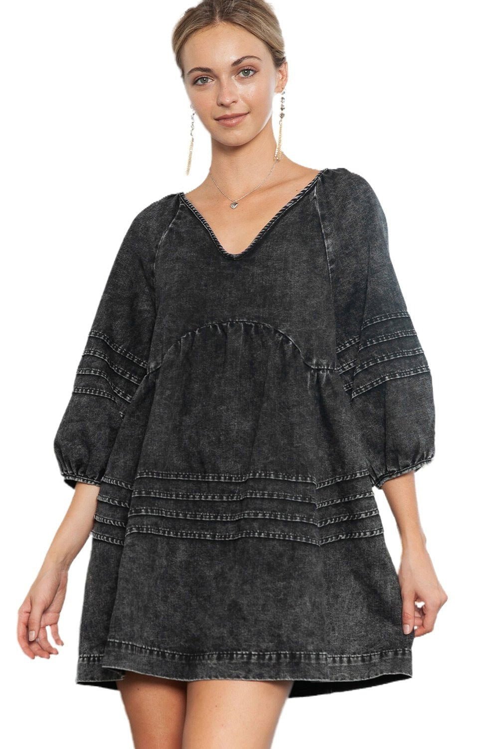 Black Dark Wash Empire Waist V Neck Denim Dress - Vesteeto