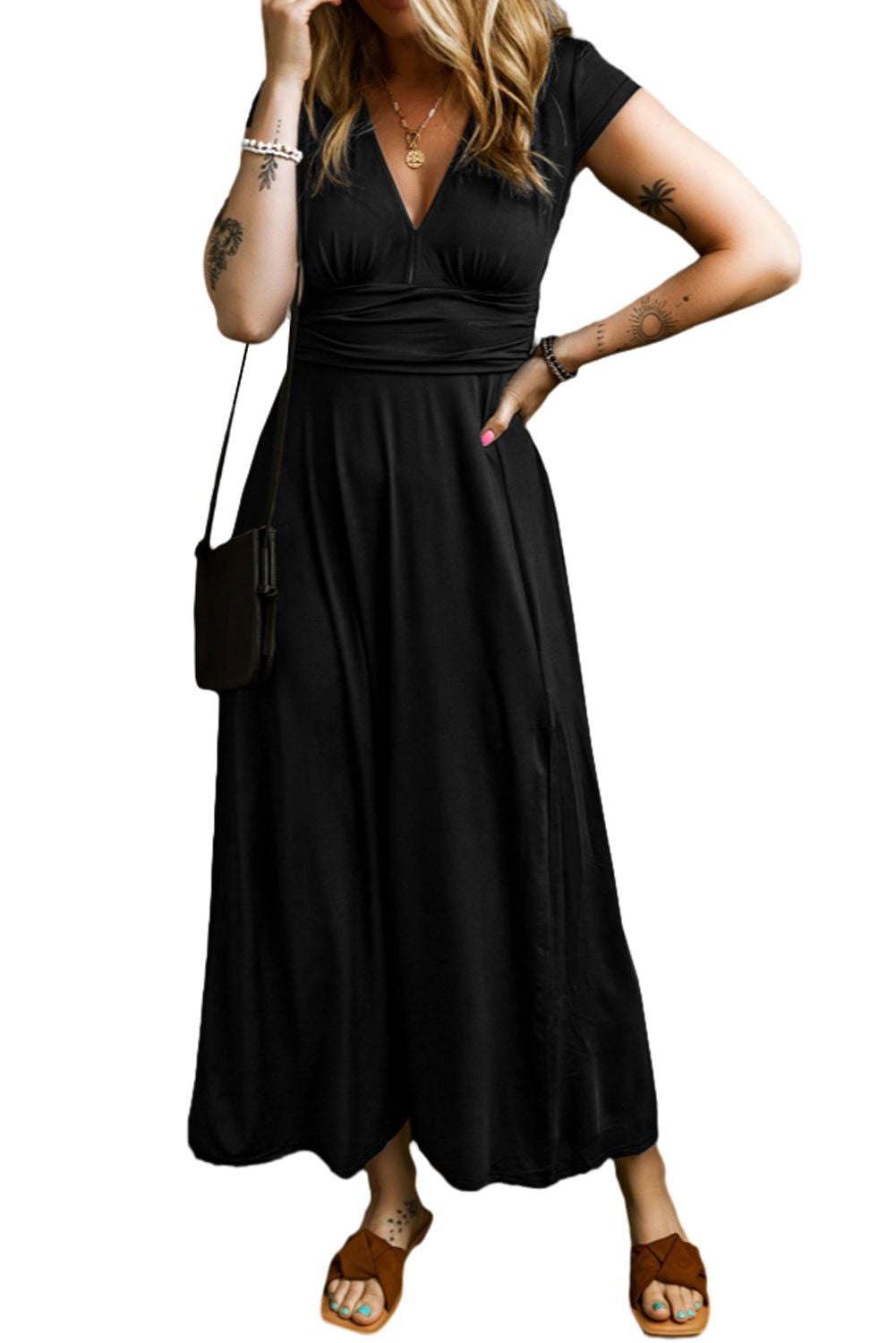 Black Deep V Neck Ruched High Waist Maxi Dress - Vesteeto