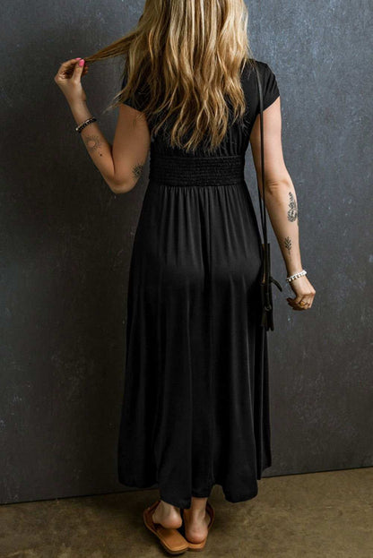 Black Deep V Neck Ruched High Waist Maxi Dress - Vesteeto