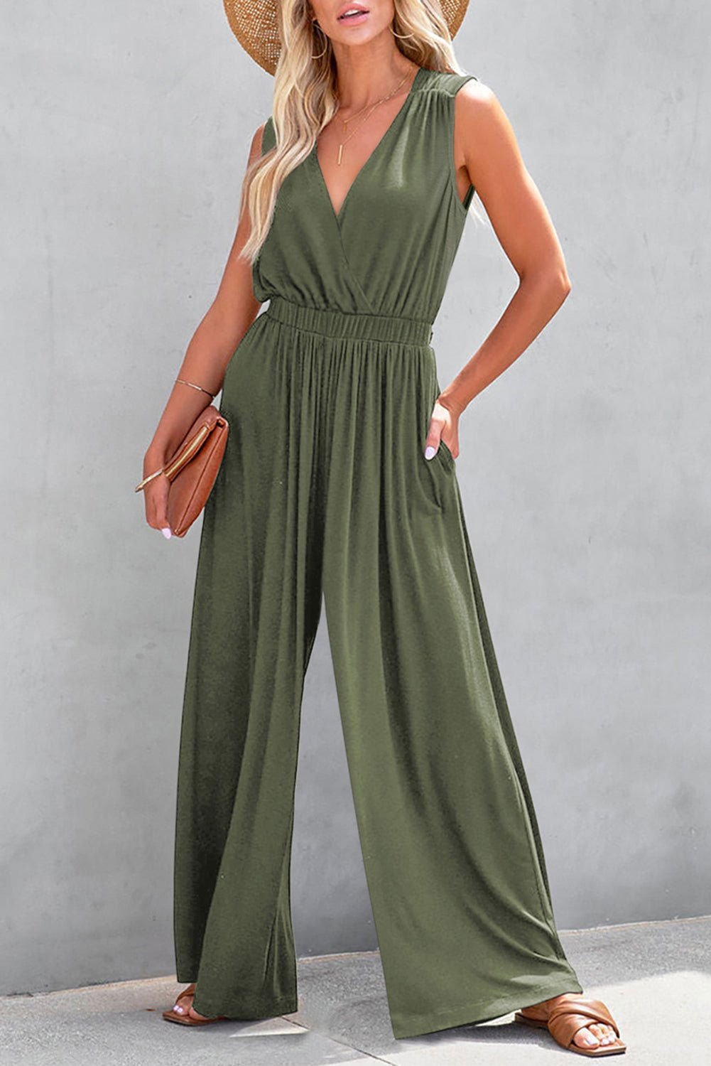 Black Deep V Pocketed Pleated Wide Leg Jumpsuit - Stylish Comfort - Vesteeto