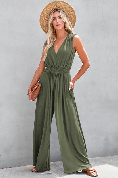 Black Deep V Pocketed Pleated Wide Leg Jumpsuit - Stylish Comfort - Vesteeto