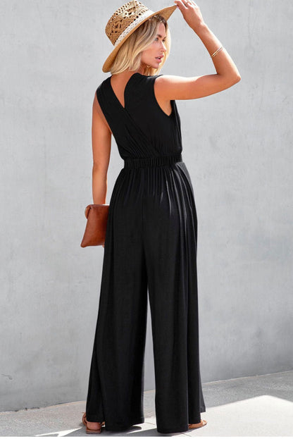 Black Deep V Pocketed Pleated Wide Leg Jumpsuit - Stylish Comfort - Vesteeto