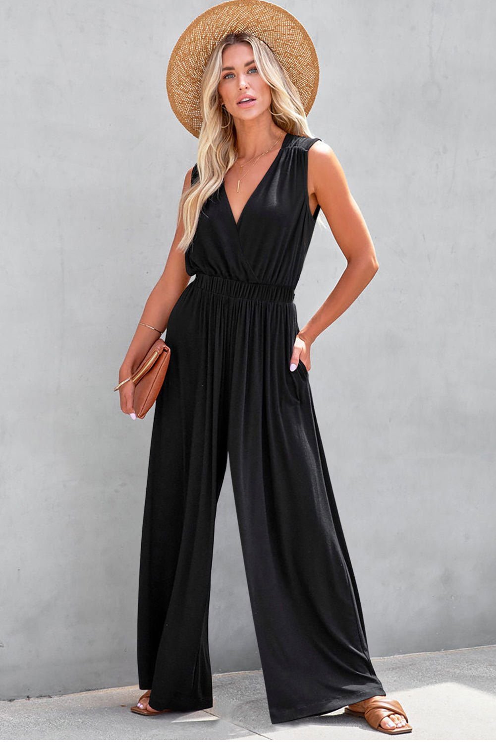 Black Deep V Pocketed Pleated Wide Leg Jumpsuit - Stylish Comfort - Vesteeto