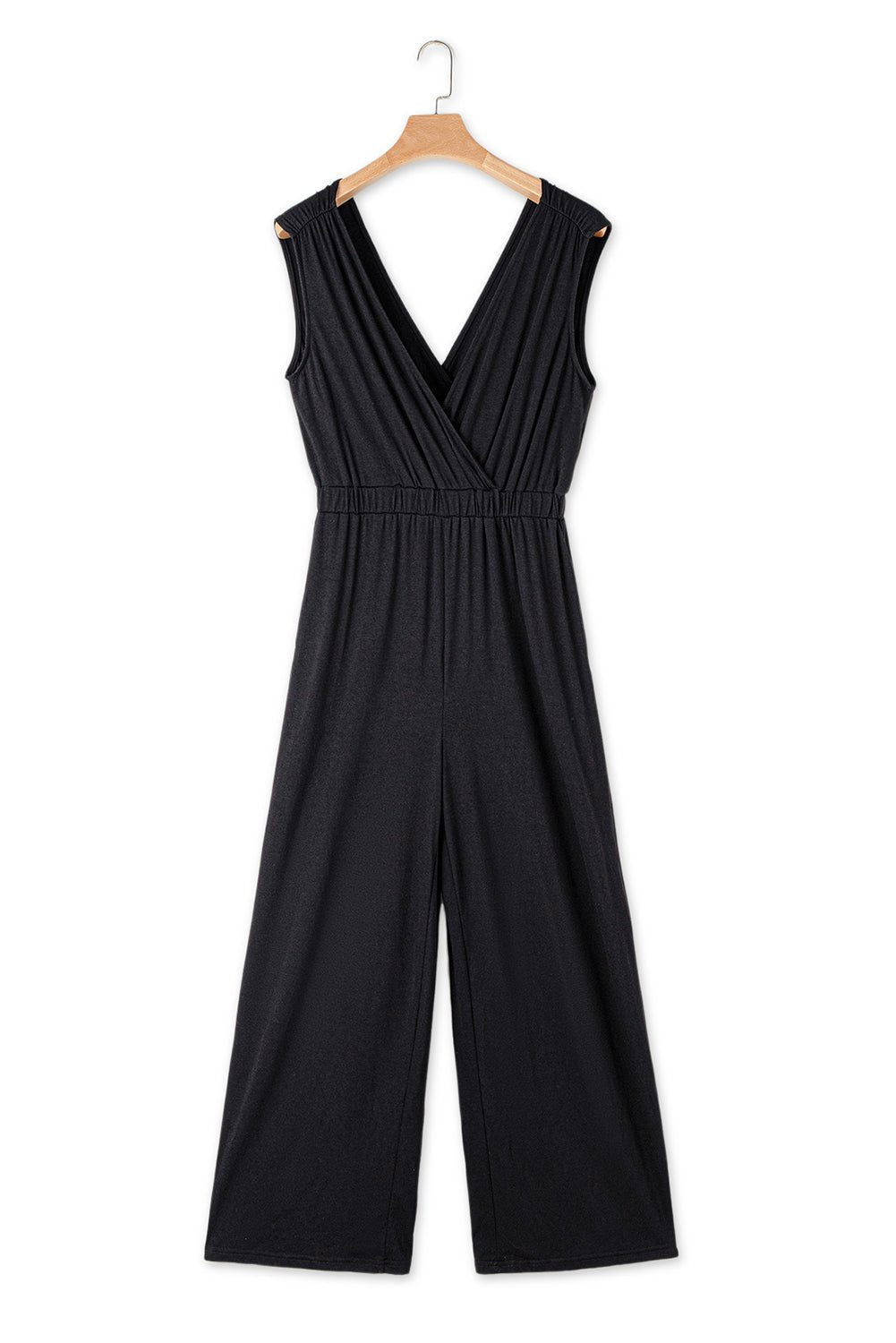 Black Deep V Pocketed Pleated Wide Leg Jumpsuit - Stylish Comfort - Vesteeto