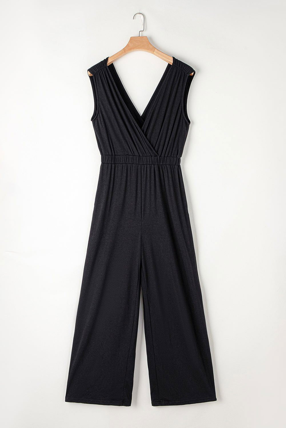 Black Deep V Pocketed Pleated Wide Leg Jumpsuit - Stylish Comfort - Vesteeto