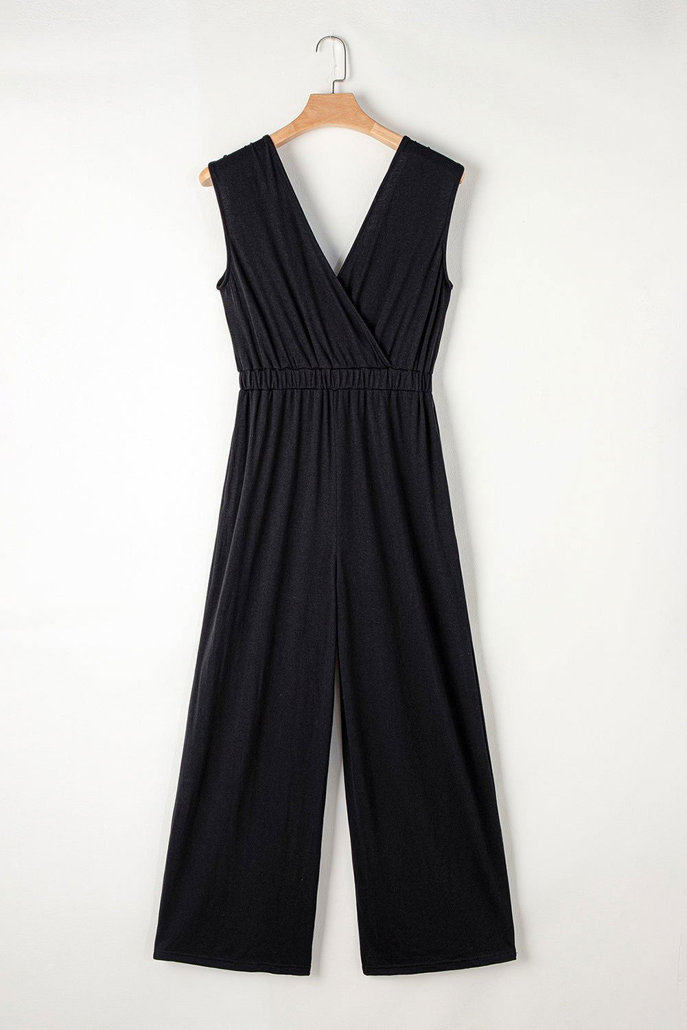 Black Deep V Pocketed Pleated Wide Leg Jumpsuit - Stylish Comfort - Vesteeto