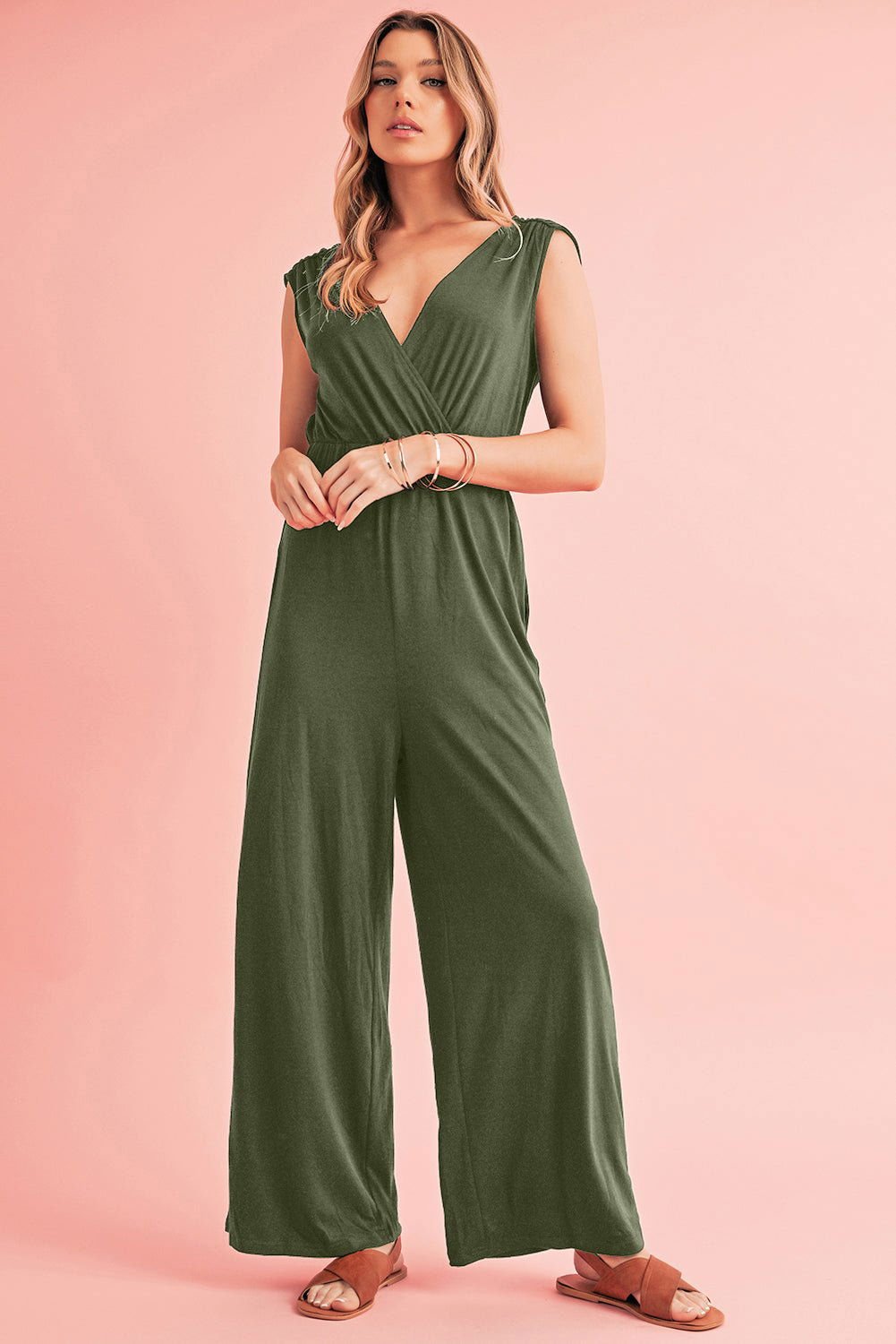 Black Deep V Pocketed Pleated Wide Leg Jumpsuit - Stylish Comfort - Vesteeto