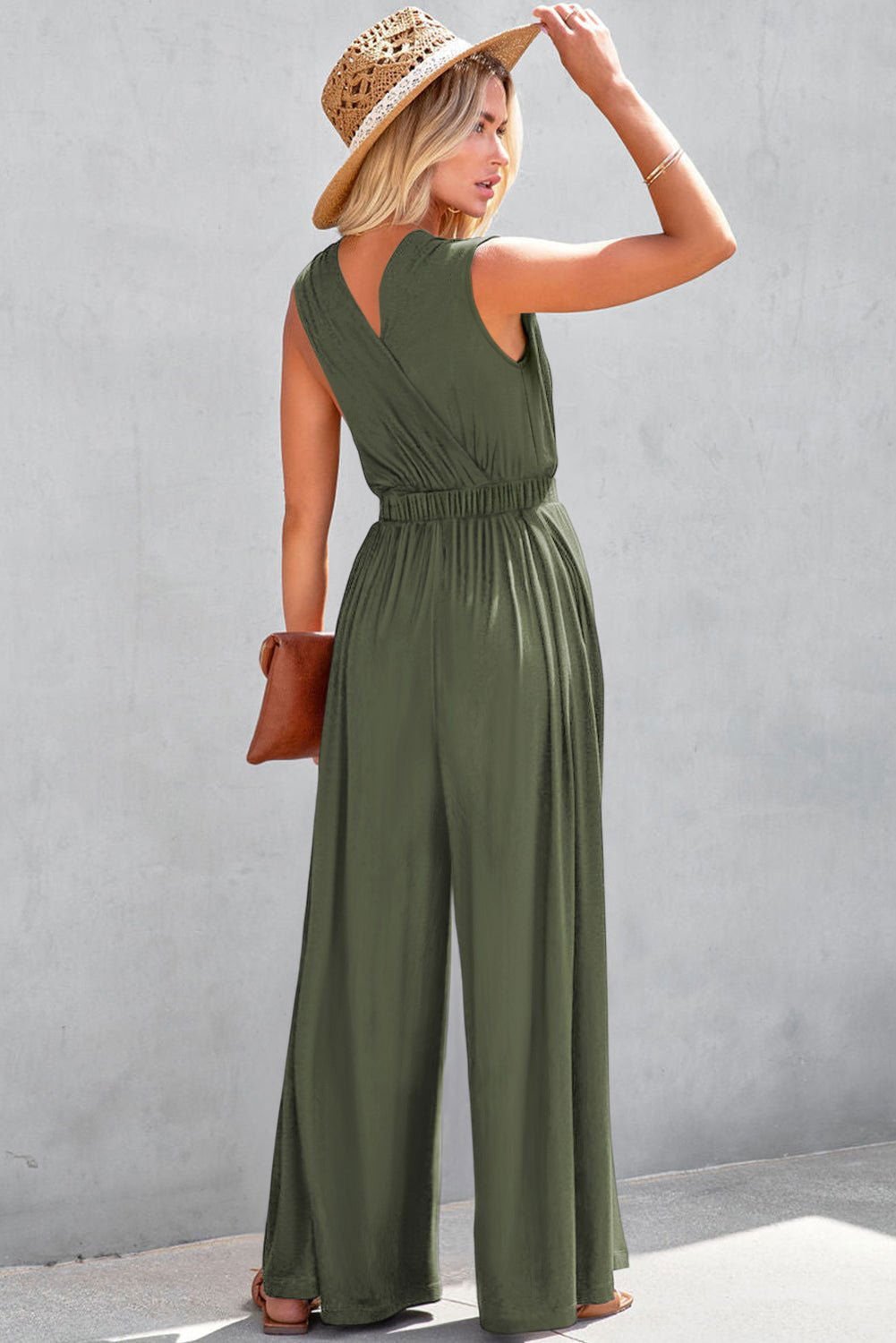 Black Deep V Pocketed Pleated Wide Leg Jumpsuit - Stylish Comfort - Vesteeto