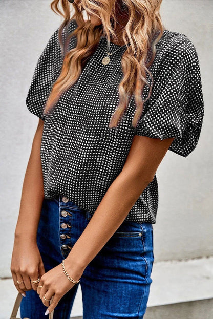 Black Dotted Puff Sleeve Round Neck Blouse - Vesteeto