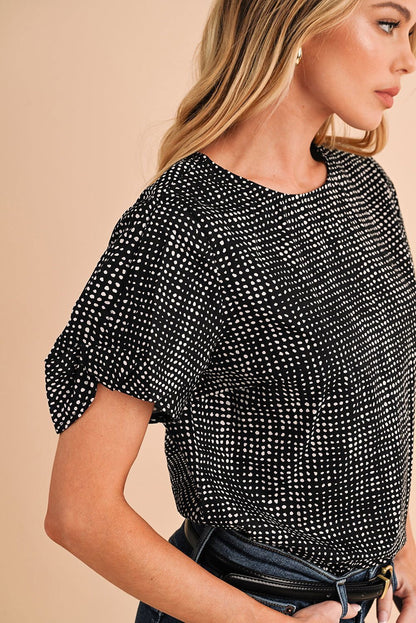 Black Dotted Puff Sleeve Round Neck Blouse - Vesteeto