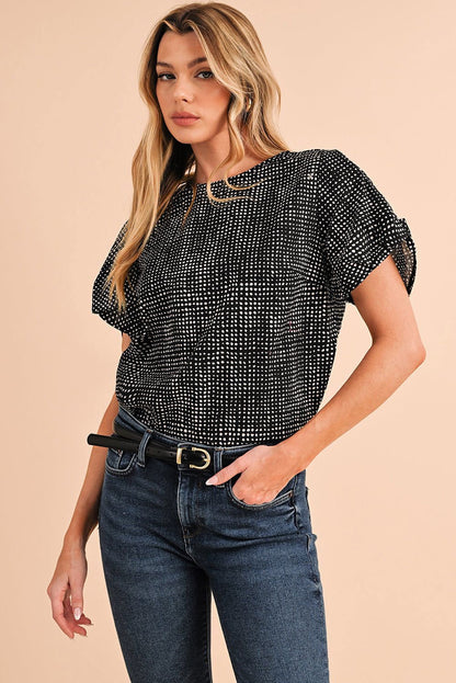 Black Dotted Puff Sleeve Round Neck Blouse - Vesteeto