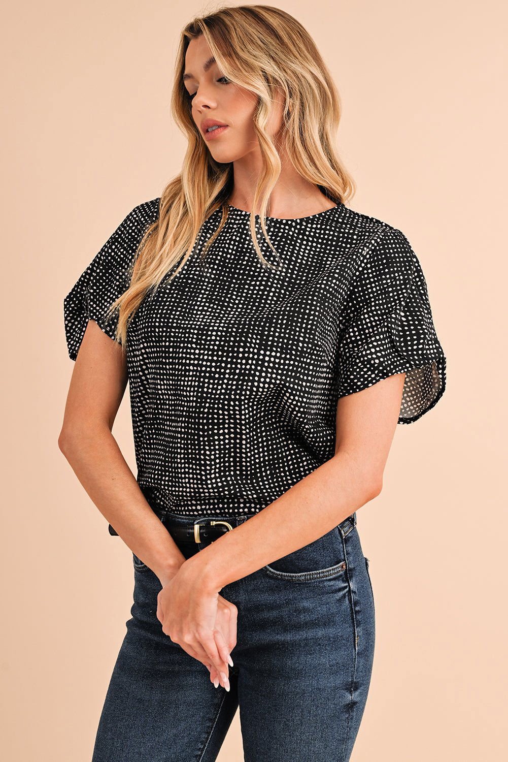 Black Dotted Puff Sleeve Round Neck Blouse - Vesteeto