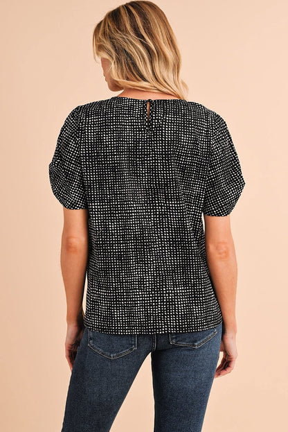 Black Dotted Puff Sleeve Round Neck Blouse - Vesteeto