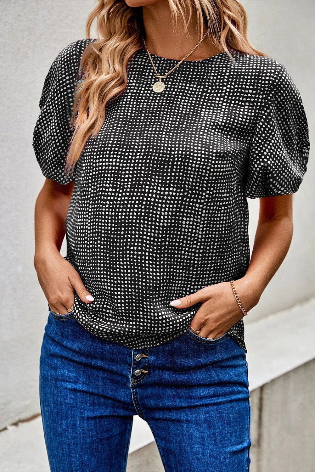 Black Dotted Puff Sleeve Round Neck Blouse - Vesteeto